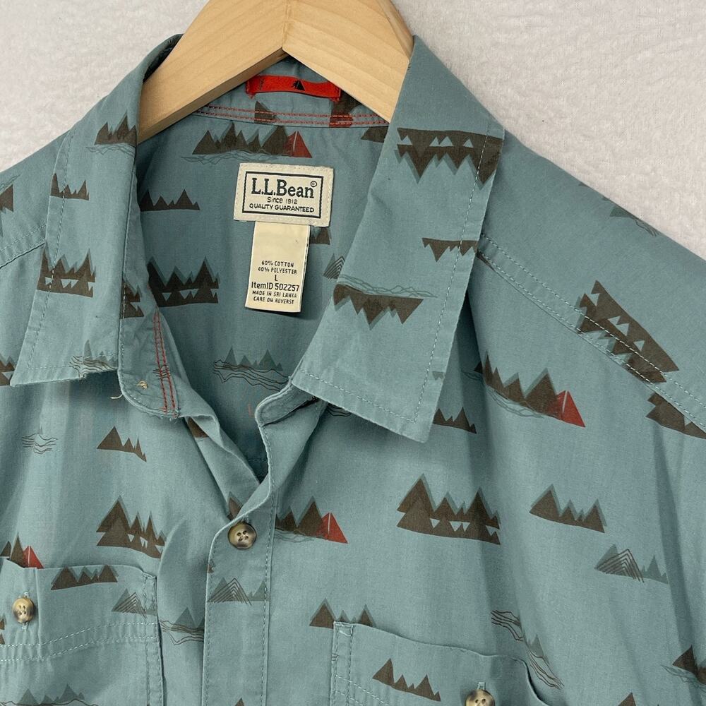 LL BEAN Shirt Mens L Otter Cliff Mountain Print Camp Button Up Short Sleeve Blue